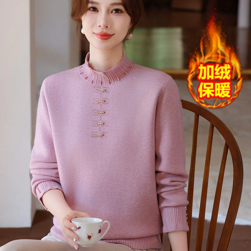 年轻妈妈冬装新款针织衫打底半高领加绒保暖毛衣中老年女宽松套头