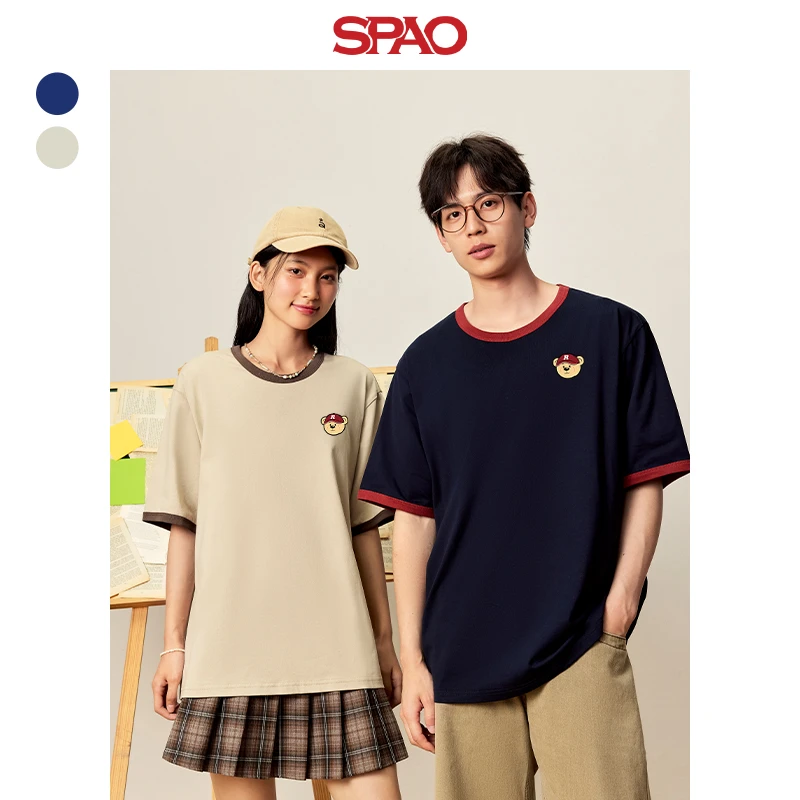 SPAO韩国同款纯棉短袖男t恤夏季撞色情侣小熊印花半袖休闲体恤ZL