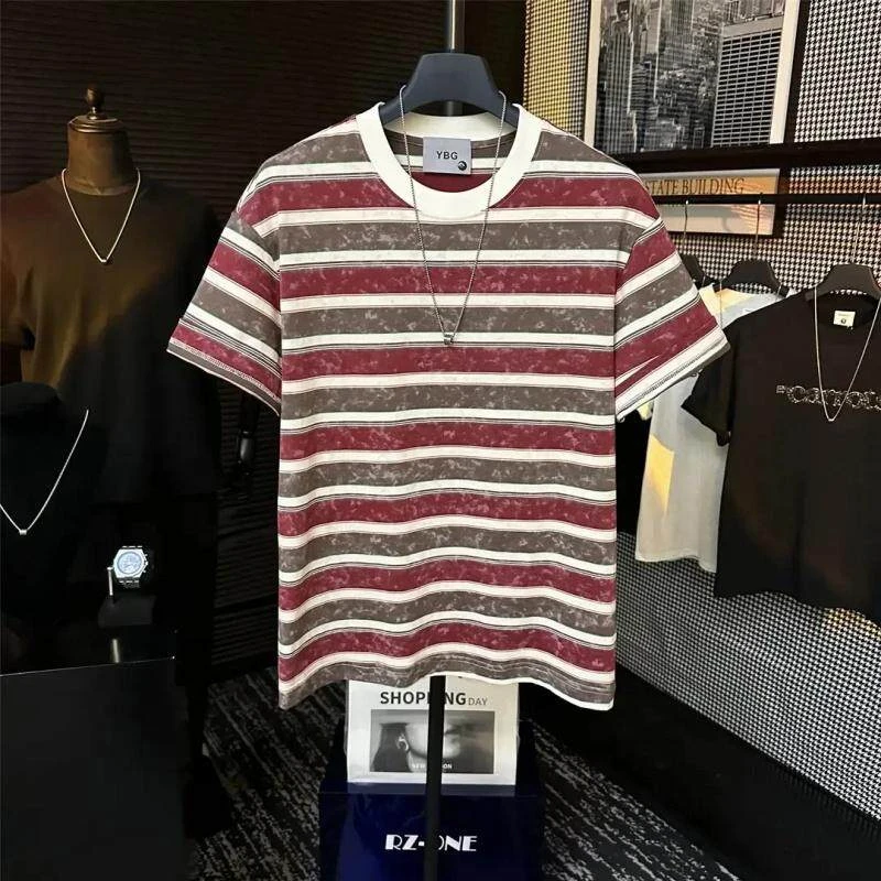 夏季新款潮流男短袖百搭时尚条纹拼色休闲圆领韩版T恤男帅气男生