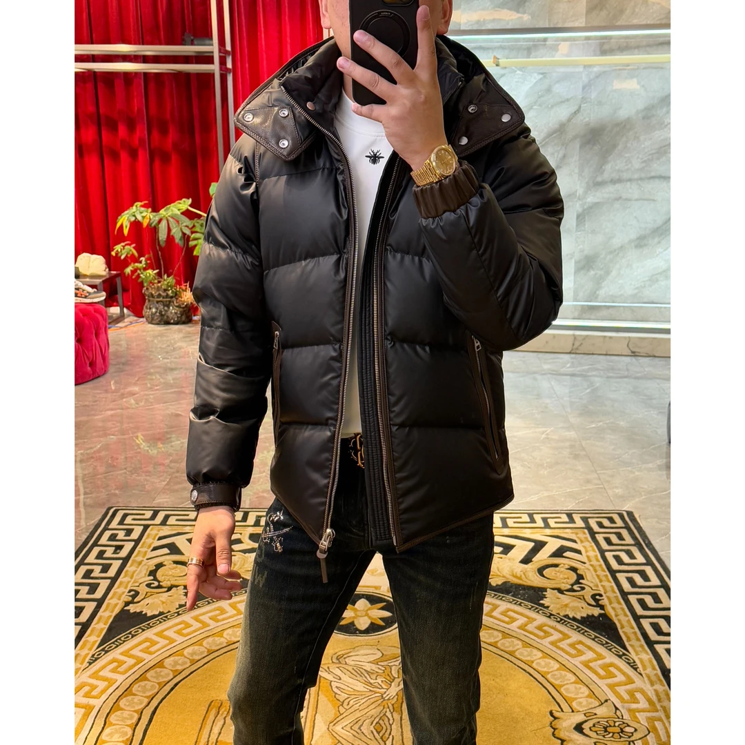 路易理欧TF联名款男士连帽真皮拼接脱卸帽袖子白鸭绒羽绒服9293