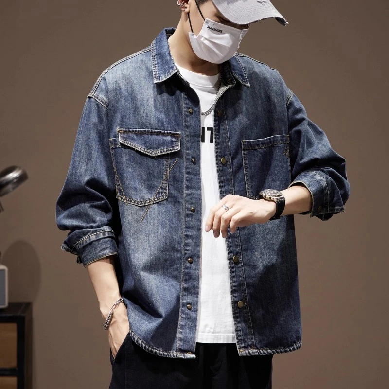 秋季新款美式复古原色牛仔外套男潮牌高级感拼接工装衬衣翻领夹克