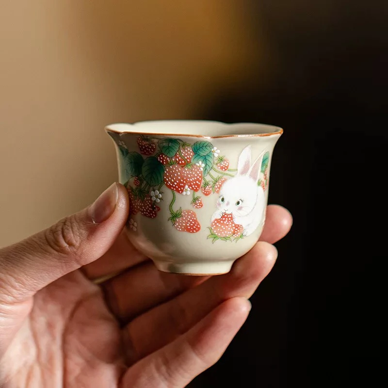 寒舍汝窑茶杯草莓兔粉汝开片花口杯品茗杯女士主人杯