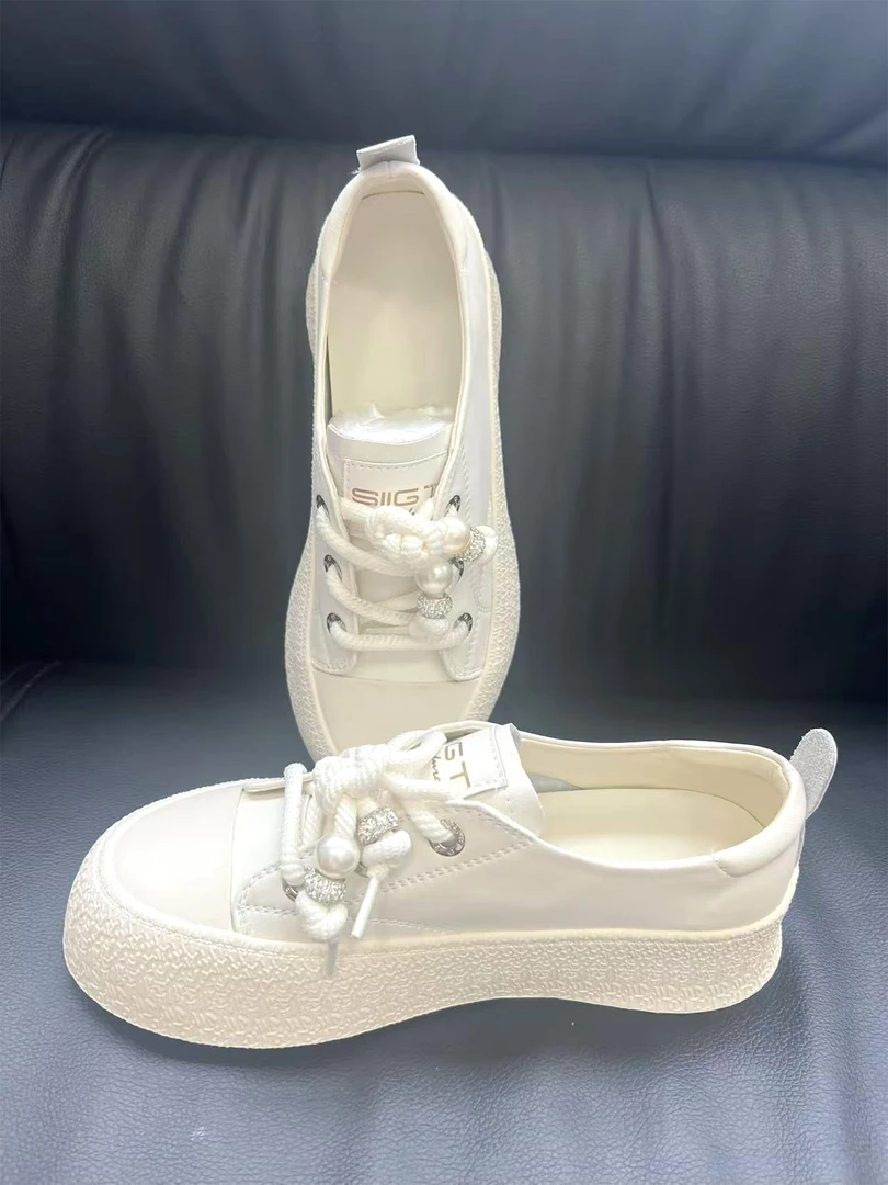 珍珠粗系带厚底板鞋休闲胶粘休闲板鞋常规通用失序混搭风   8807