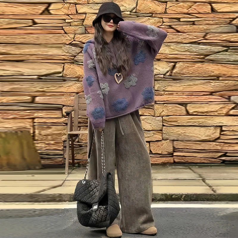 设计感刺绣休闲套装女2025年春秋新款连帽毛衣松紧腰阔腿裤两件套