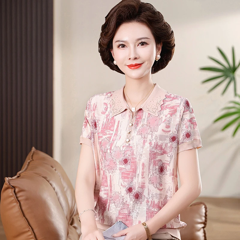 洋气妈妈夏装翻领碎花短袖T恤女冰丝上衣中老年女士小衫妈妈装