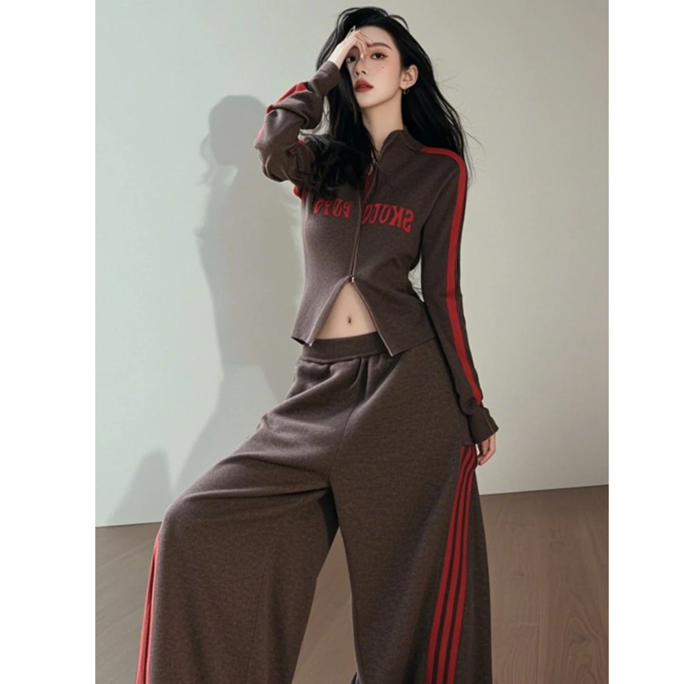 咖色双头拉链印花上衣阔腿裤两件套女2025春季韩系氛围感穿搭套装