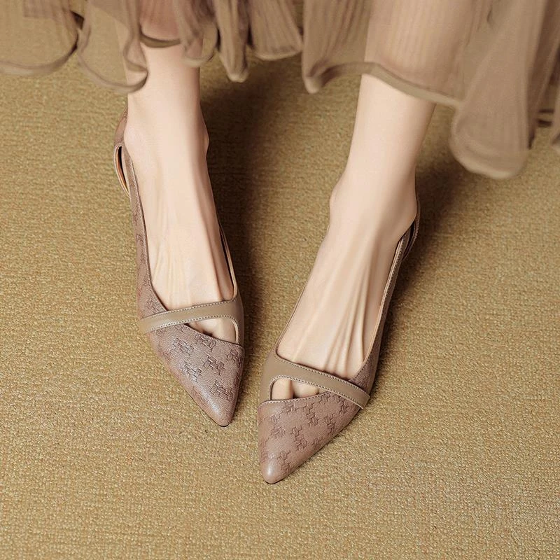 5cm真皮时尚镂空细跟高跟鞋百搭尖头通勤工作女鞋法式中跟单鞋女