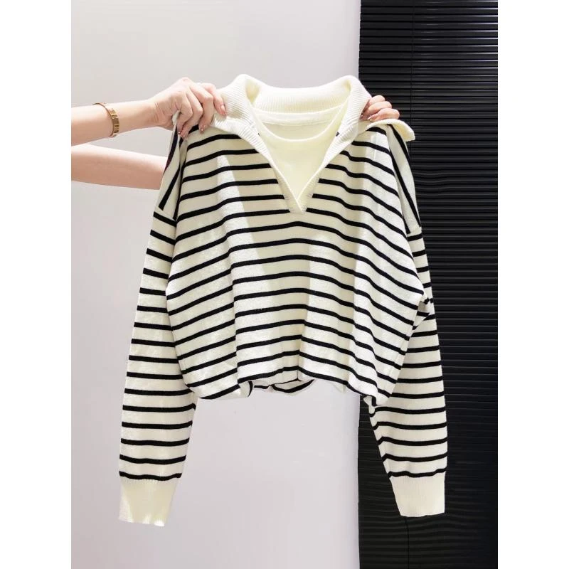 女装撞色条纹拼接假两件长袖针织衫女甜美早秋宽松显瘦短外搭上衣