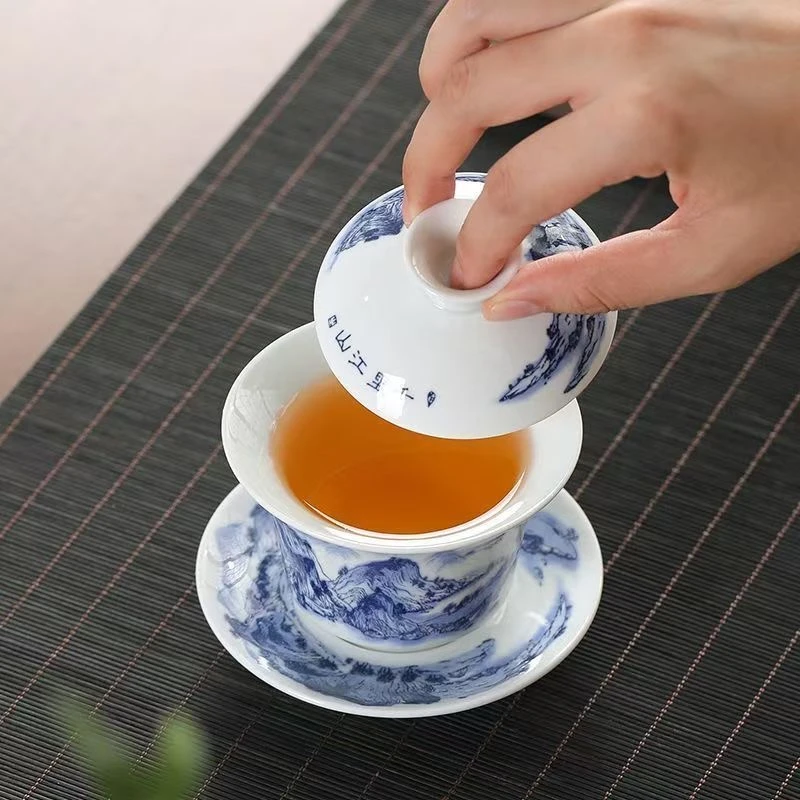 新式千里江山三才盖碗陶瓷家用茶杯