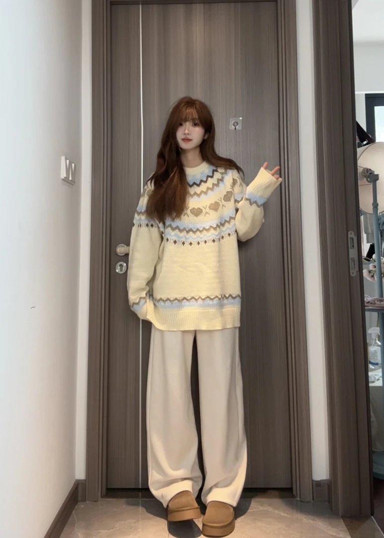新款复古费尔岛套头宽松毛衣女秋冬软糯慵懒休闲针织衫