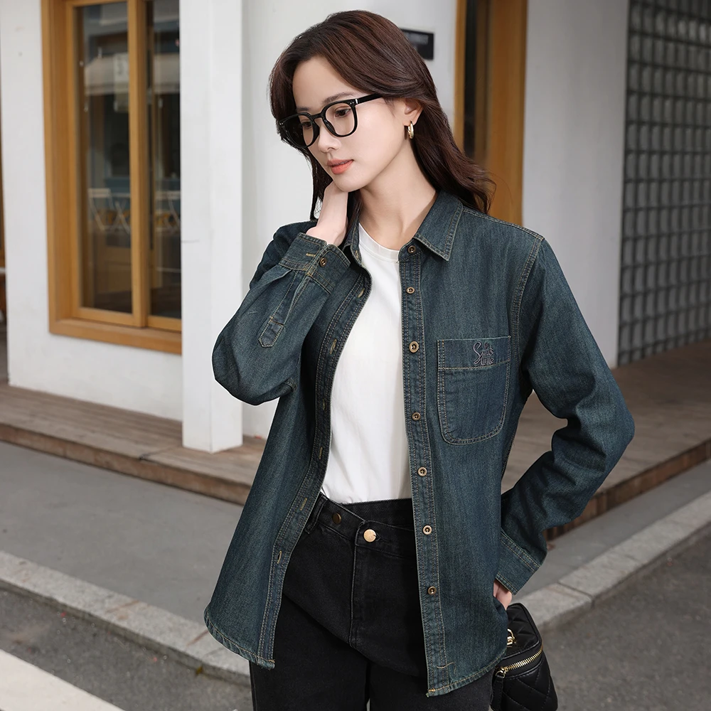 套色数码印花牛仔衬衫女加绒秋冬2024宽松显瘦高级感内穿长袖上衣
