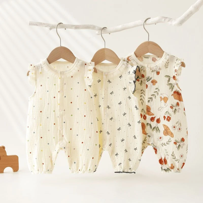 婴儿夏季衣服夏季新款纱布短袖连体衣婴儿薄款衣服圆点飞飞袖宝宝