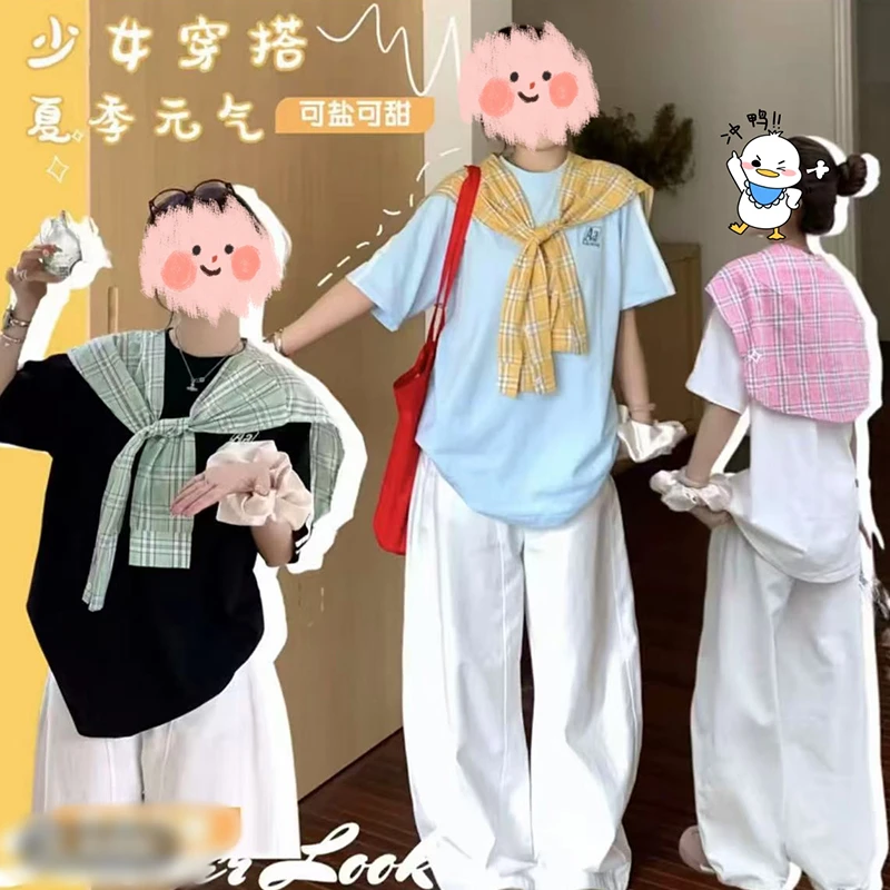 大码夏季元气短袖T恤条纹披肩两件套251259#