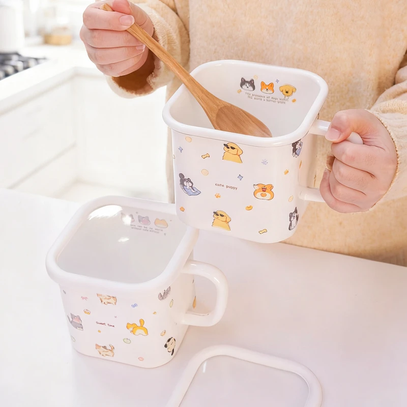 柯基二哈搪瓷玻璃釉加厚料理杯方杯泡面碗杯刻度量杯电磁炉燃气用