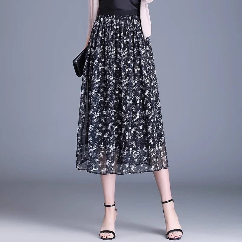 洋气小碎花雪纺纱半身裙女松紧高腰夏季轻薄透气显瘦中长a字摆裙