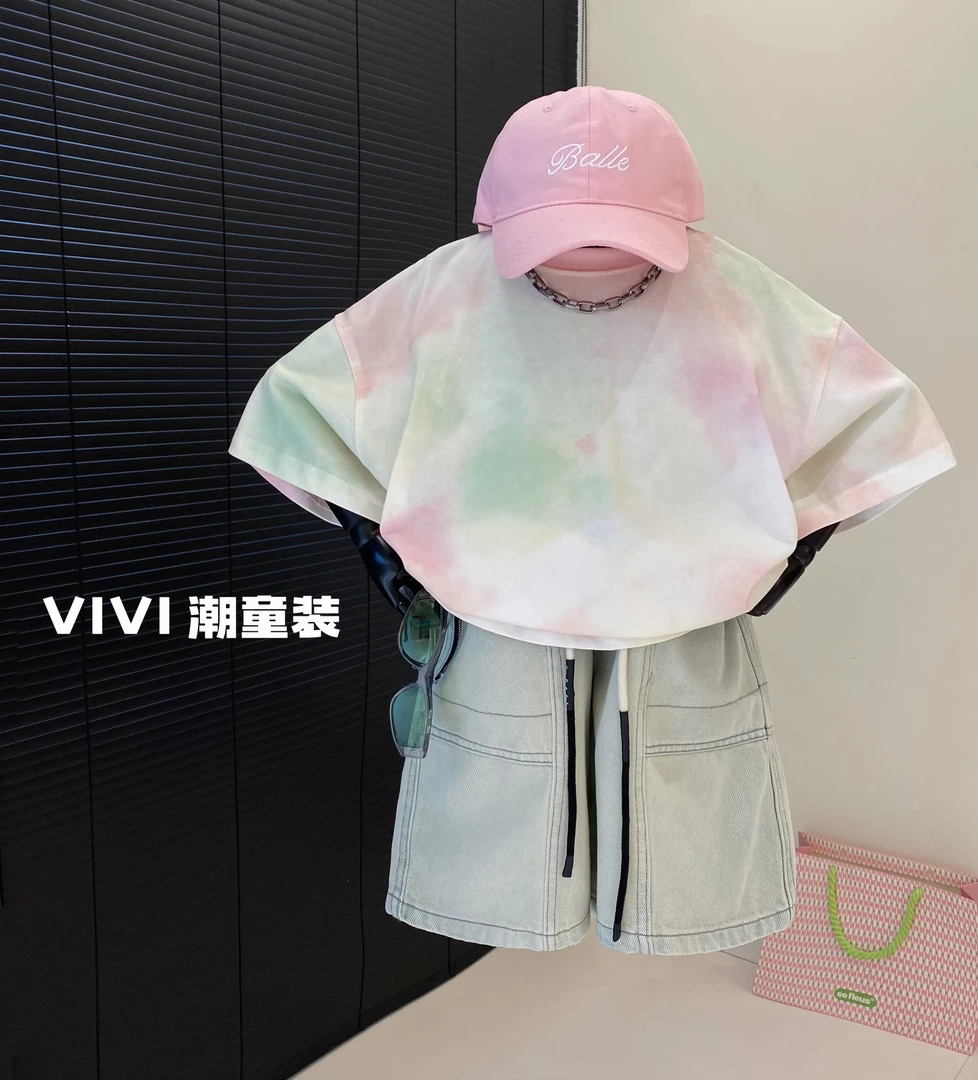 VIVI童装 2025夏季潮牌中大童水蜜桃色扎染洋气短袖T恤