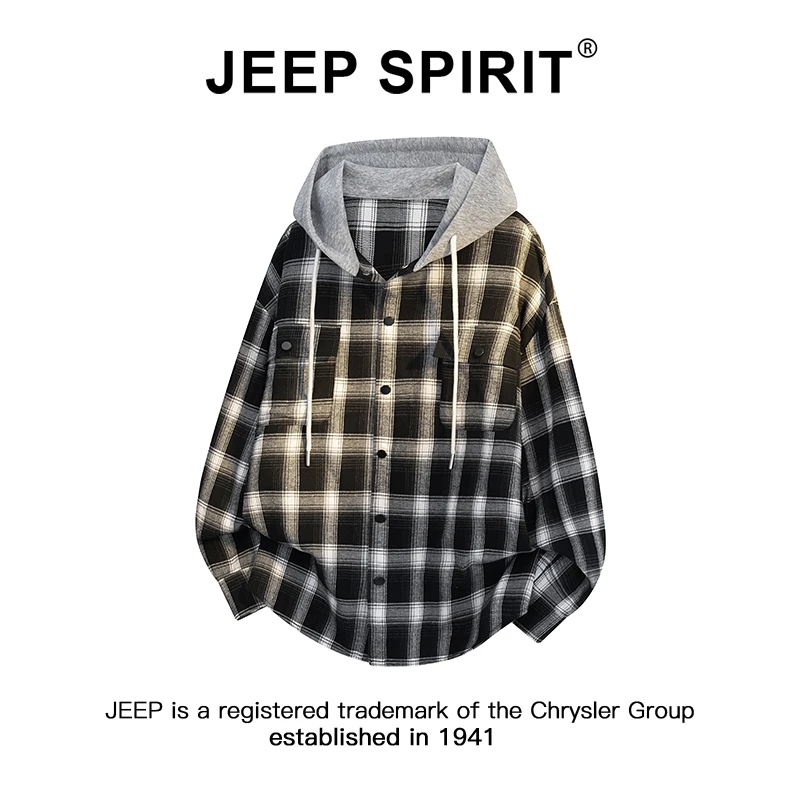 JEEPSPIRIT吉普连帽格子衬衫外套男春秋潮牌痞帅宽松休闲长袖衬衣