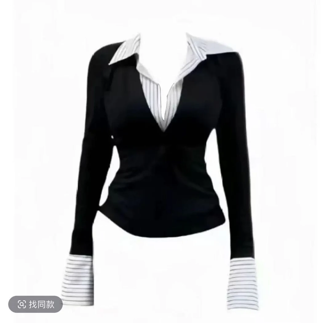 珊珊家大码胖MM韩系假两件长袖T恤新款修身显瘦时尚别致上衣