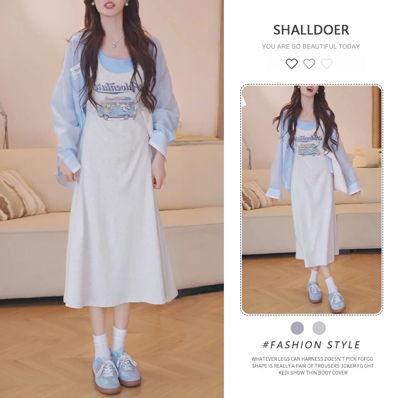 法式减龄时尚套装女夏季新款薄款防晒长袖罩衫假两件吊带裙两件套