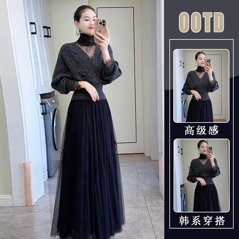 高级感女装2025年秋冬新款V领美背蝙蝠袖上衣蕾丝边半身裙两件套