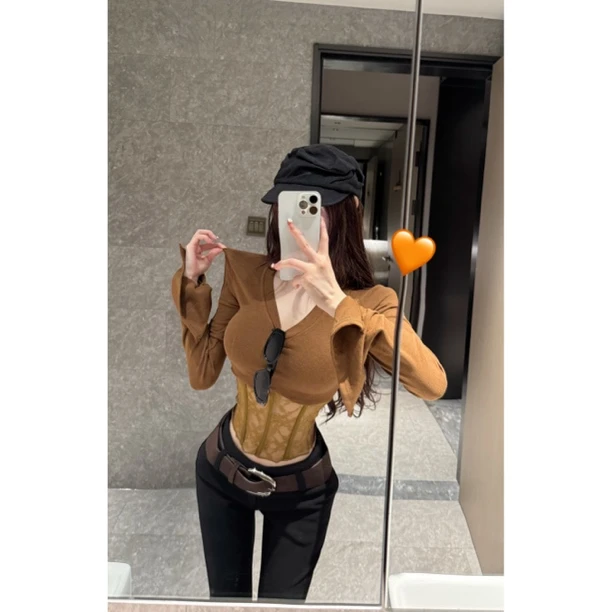 橙路【渐渐女王】鱼骨蕾丝打底衫