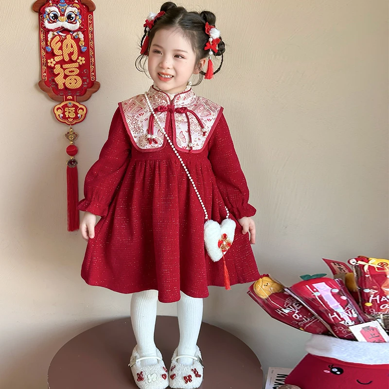 女童唐装连衣裙2025新款加绒加厚女宝宝拜年服中国风复古旗袍裙子