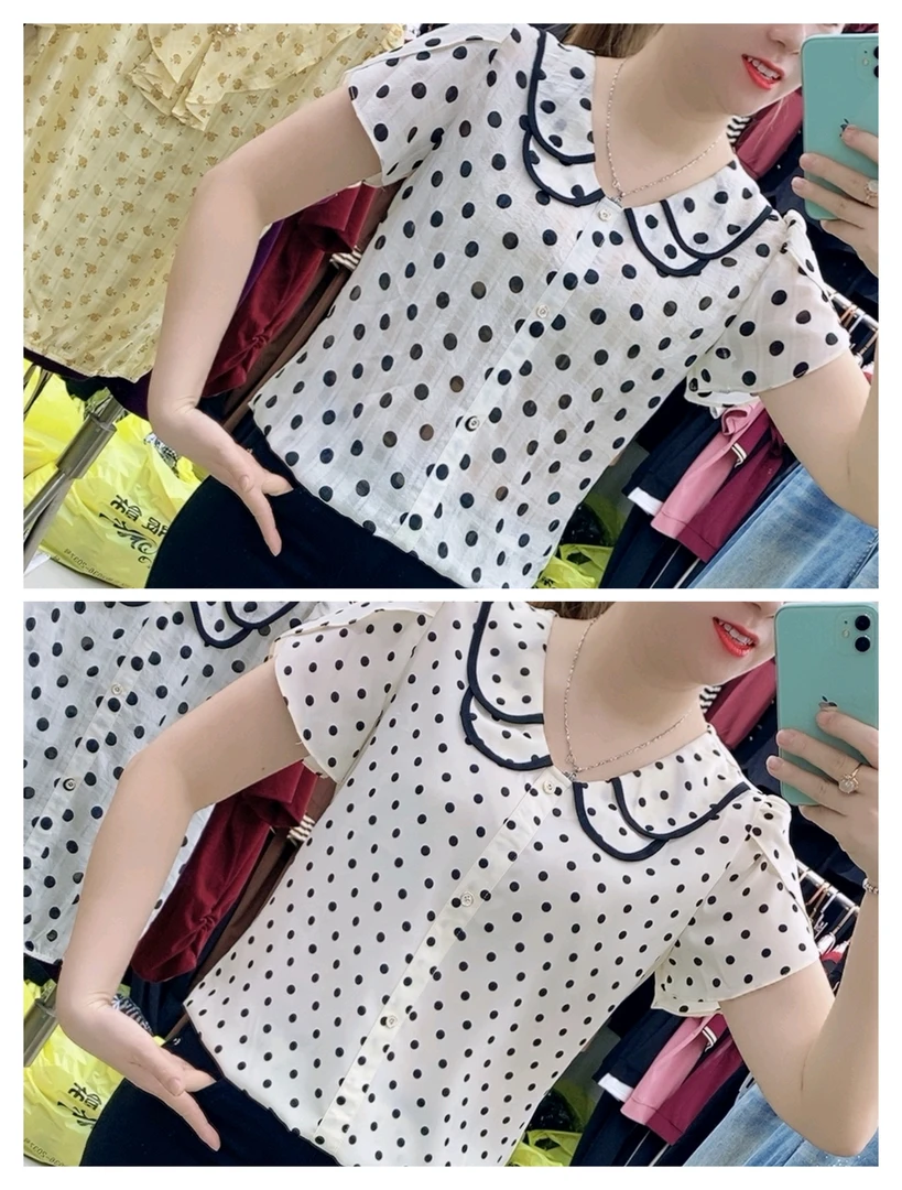 【十姐妹推】夏季时尚碎花娃娃领衬衫不对称设计荷叶边显瘦气质上衣