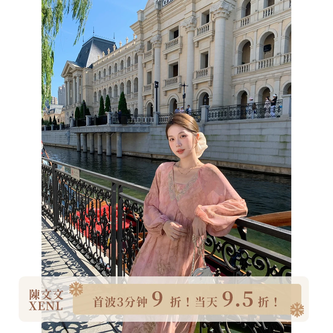 陳文文xenl【芙蕖兰香】新款气质温婉复古宽松晕染碎花连衣裙0123
