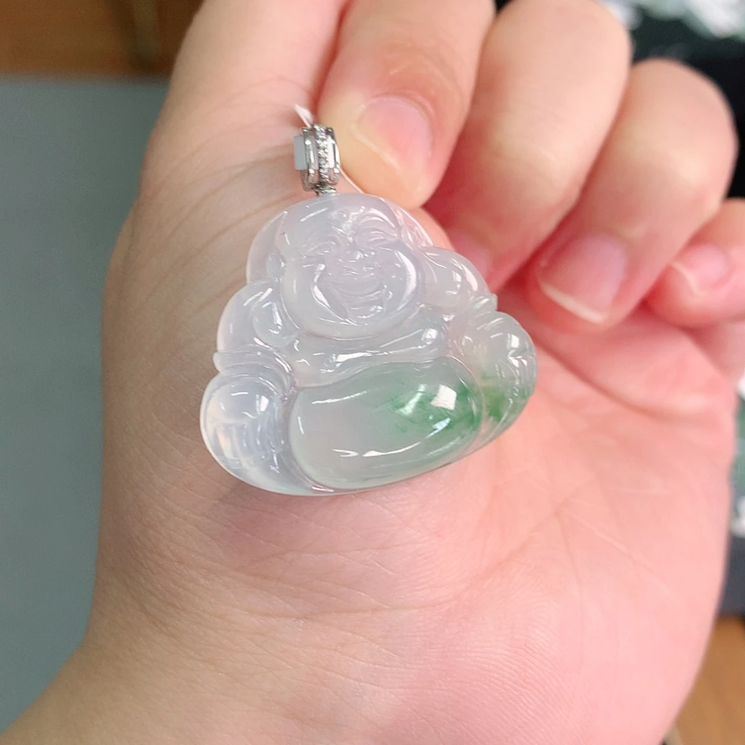 翡翠18K金镶嵌颈饰高冰飘阳绿佛公28-32-5.2如