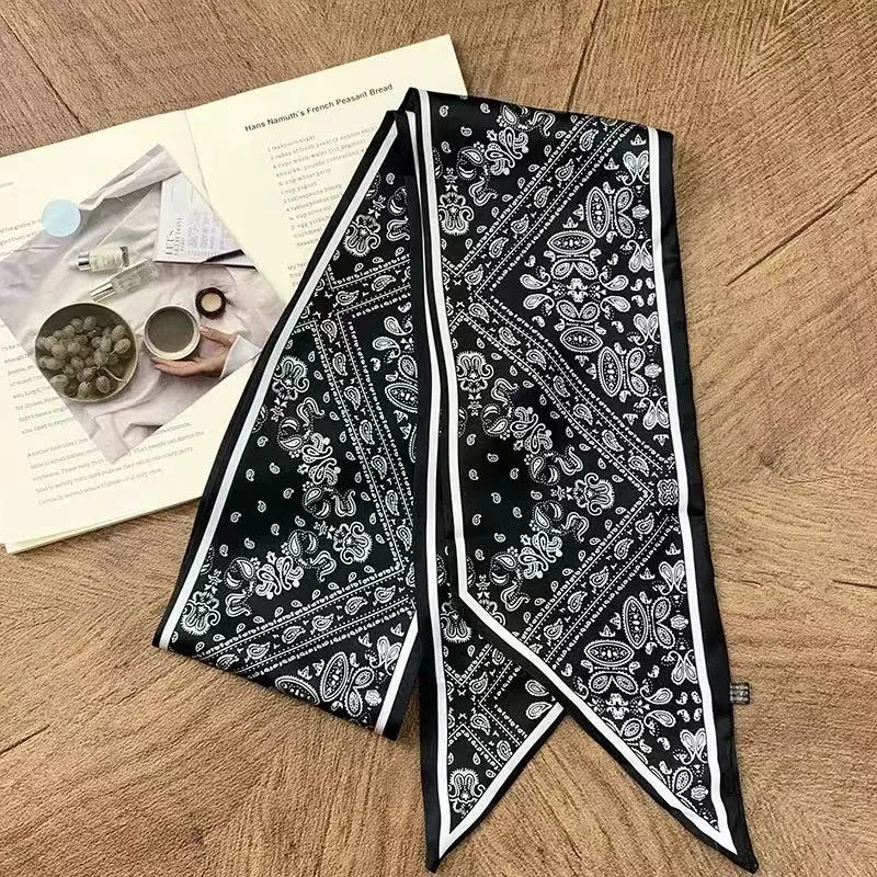 婉君Y【腰果丝巾】时尚气质高级百搭黑色复古长条飘带LWJ25C3S2080