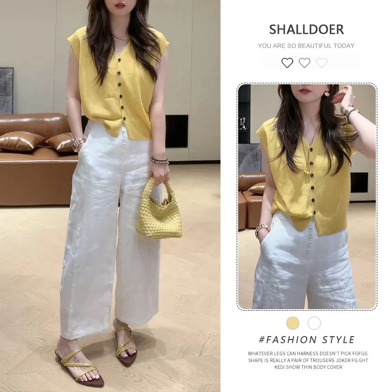 2025夏季新款简约纯色单排扣V领针织短袖+排扣设计感高腰休闲裤女