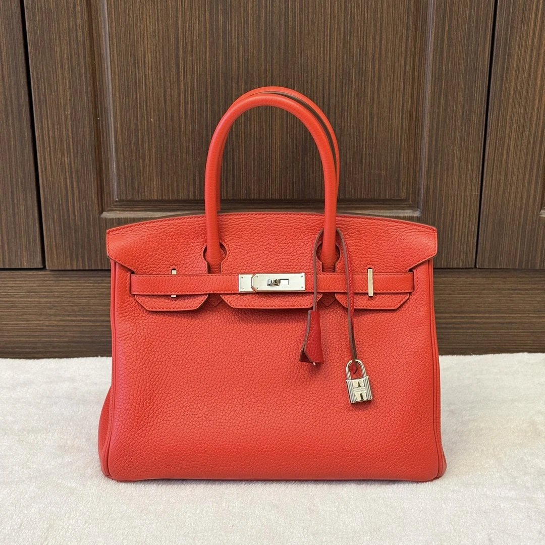 95新 Hermes/爱马仕 红色银扣Birkin30铂金包/二奢