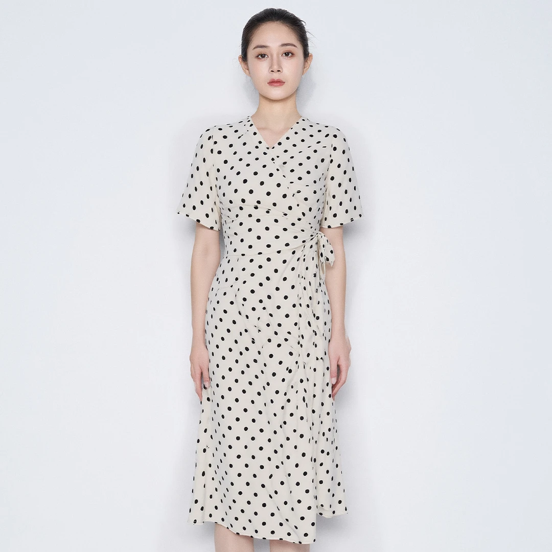 【福利专属】波点优雅收腰连衣裙碎花白色高腰V领VHS874DRX0