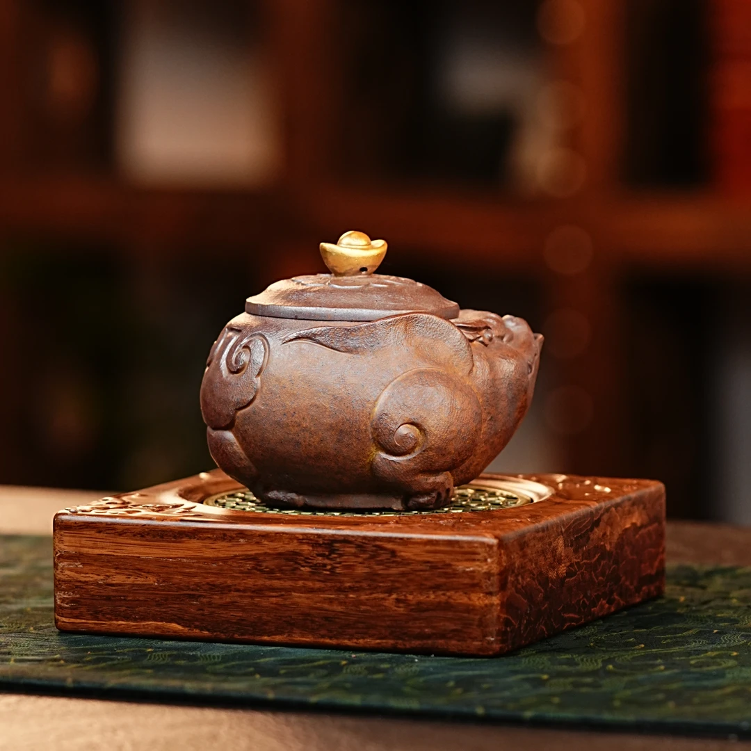 宜兴原矿紫砂柴烧招财进宝手抓壶茶具全手工金元宝金蟾紫砂壶