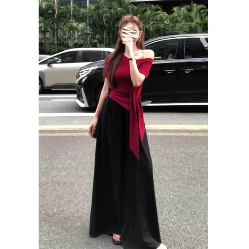 2025夏季新款韩系穿搭露肩修身设计感上衣高腰显瘦阔腿长裤二件套