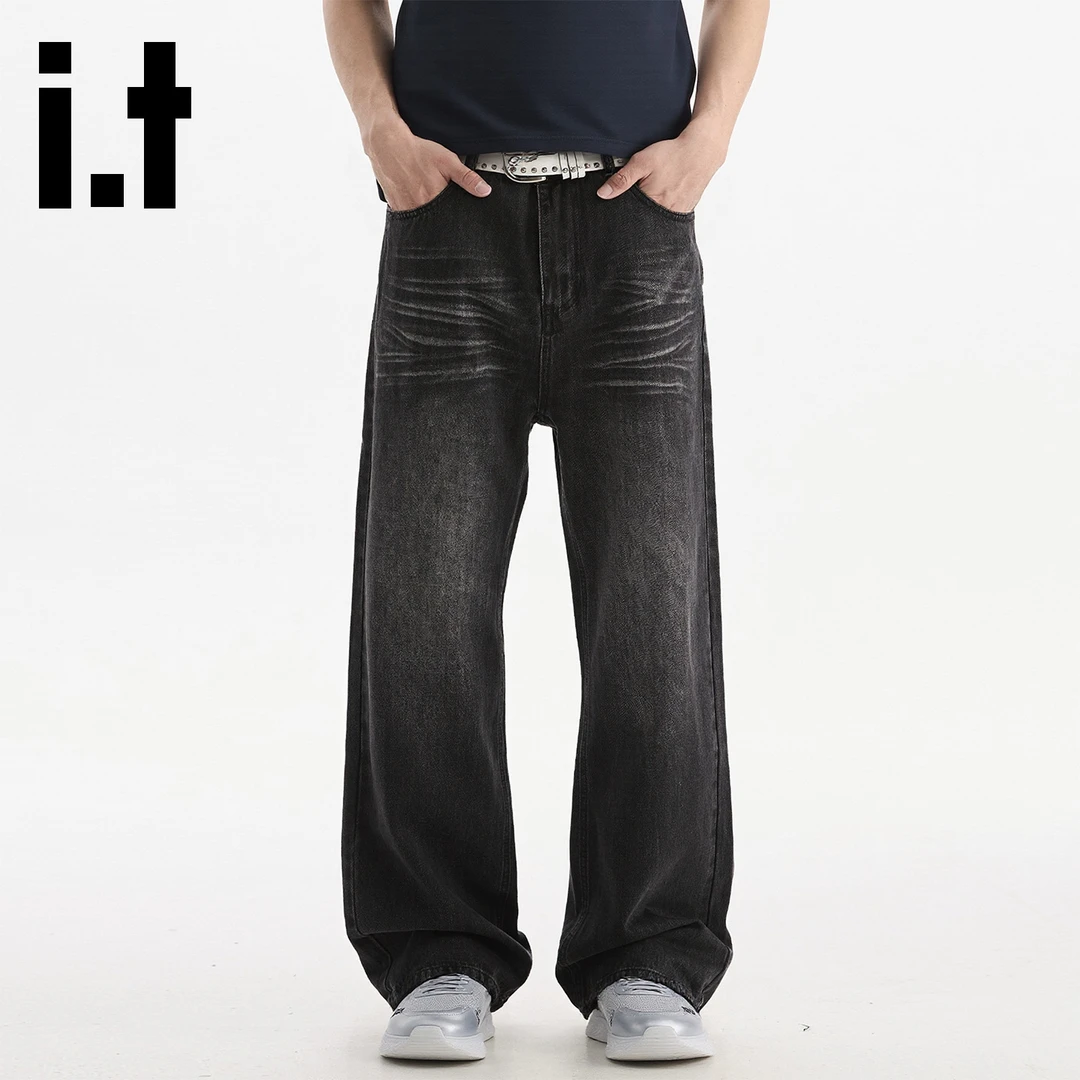 it:CHOCOOLATE黑色水洗阔腿牛仔裤秋季新款潮流时尚百搭长裤