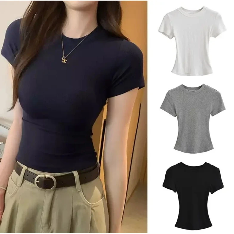 夏季新款紧身收腰显瘦百搭短款上衣纯色圆领短袖T恤ZB93