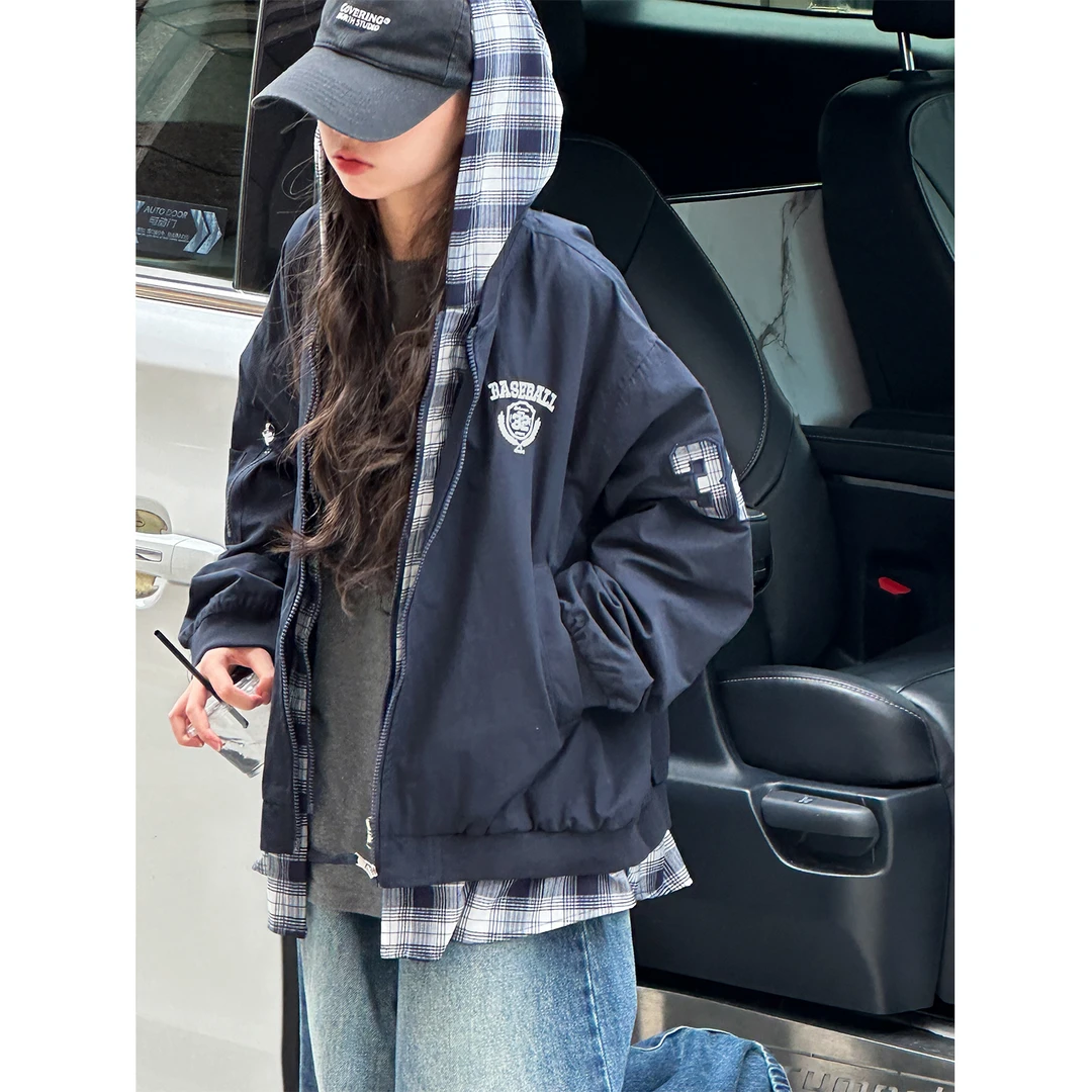 K28067孙小美假两件拼接女童格子外套2025秋装新款儿童连帽上衣潮