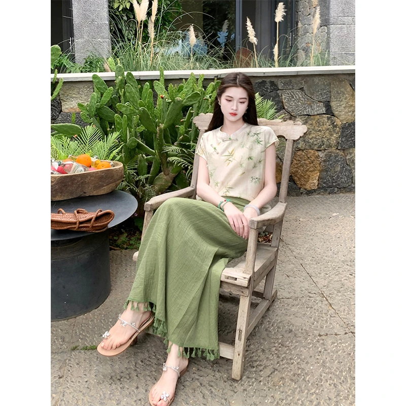 凌茜【抹竹】国风新中式杏竹叶印花上衣优雅气质时尚氛围感绿色半裙