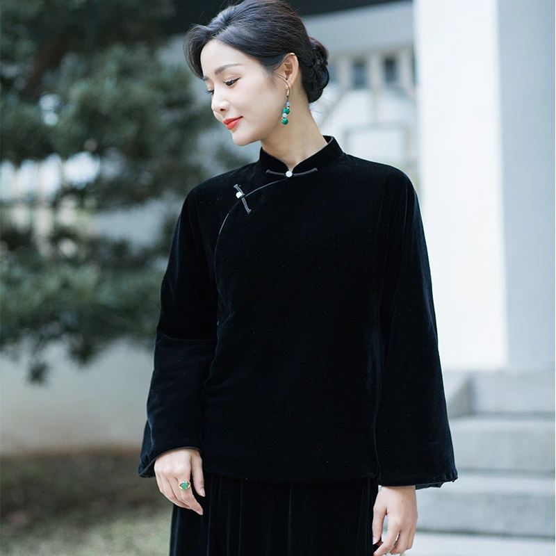 华族经典【素芸】桑蚕丝丝绒夹棉加厚显瘦ins中式网红保暖上衣棉服