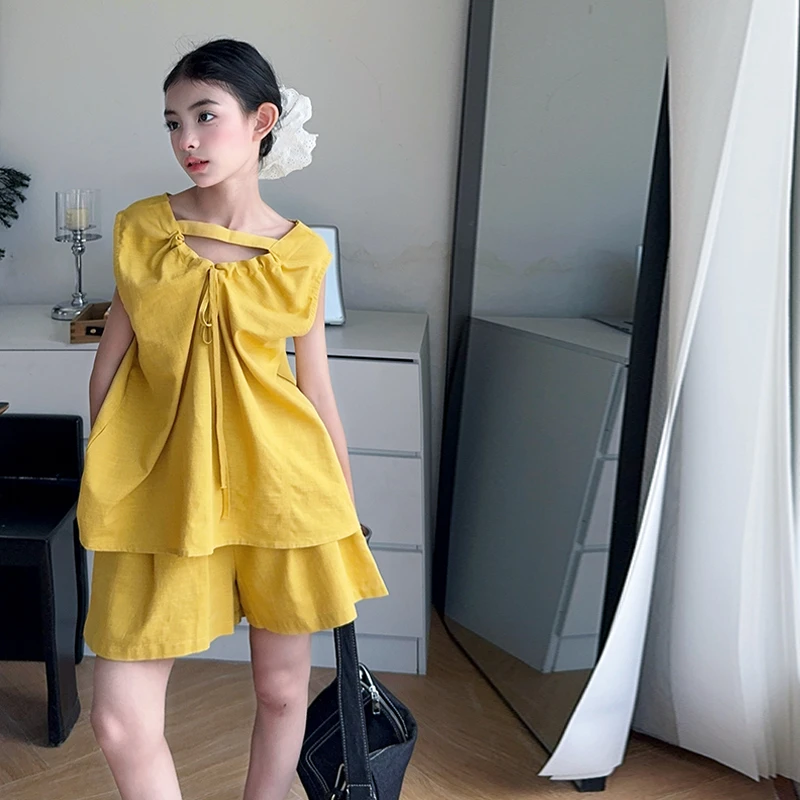 女童套装2025新款夏季儿童亲子款前后两穿背心复古女孩短裤两件套