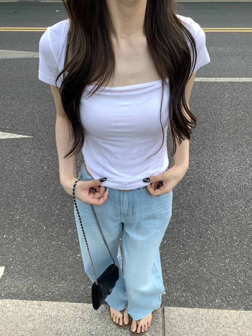 『李木木』夏款上新~~韩代款方领褶皱短体恤  T002