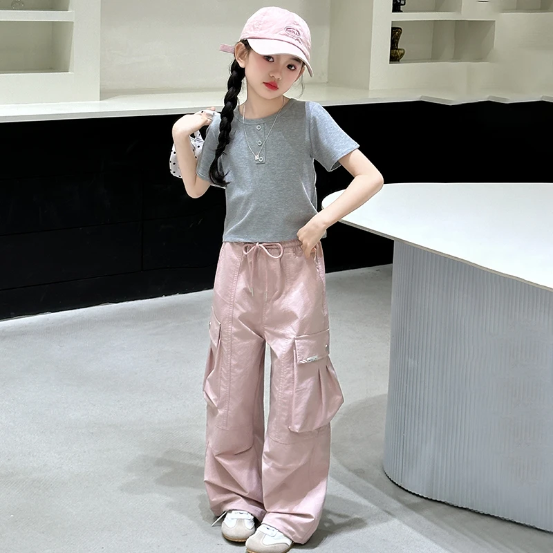 女童夏装工装裤套装2025新款6-12岁15岁中大童洋气短袖休闲两件套