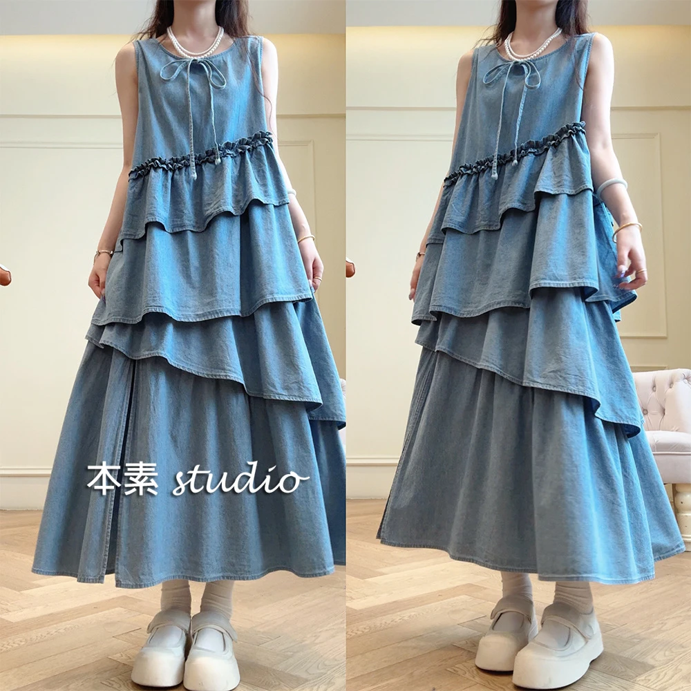 海浪声声Y2893蝴蝶结系带荷叶边圆领牛仔背心裙