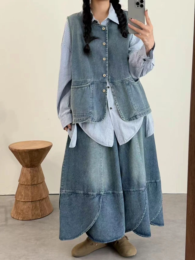 日系女马甲纯色做旧秋季马甲套装韩版秋季洋气