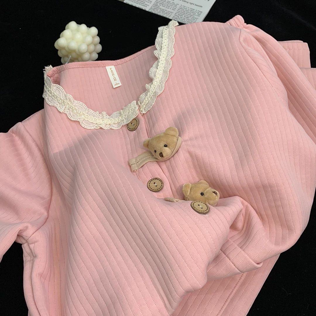 长袖睡衣女秋冬季厚款夹层空气棉甜美ins风粉色熊日系家居服套装