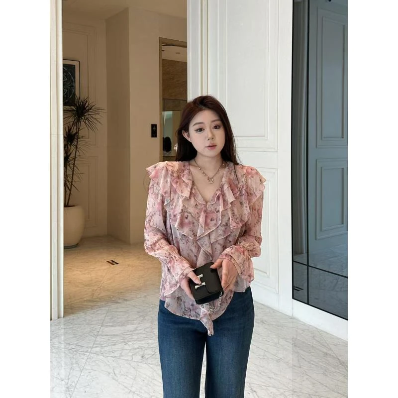 琪琪怪怪大码女装【仲夏花园】气质荷叶边V领百搭碎花衬衫T16673QD