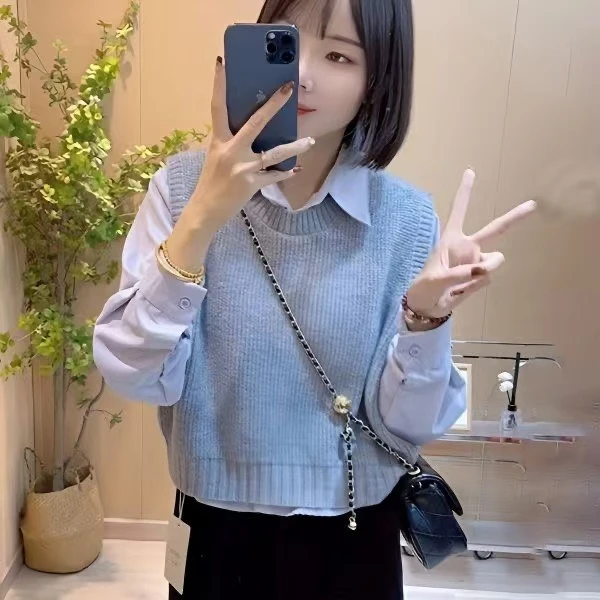 针织马甲背心女春秋2025新款宽松显瘦百搭翻领长袖衬衫两件套