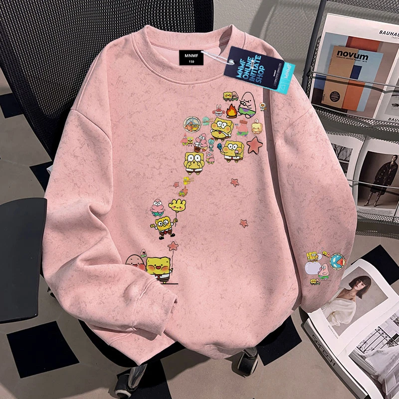 男女童扎染圆领卫衣卡通可爱海绵宝宝印花宽松休闲百搭学生上衣服