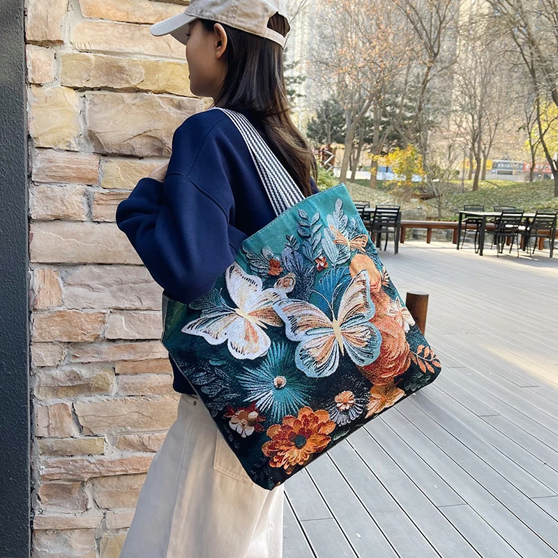 蝴蝶刺绣帆布包单肩包女包手提妈咪购物短途旅行包